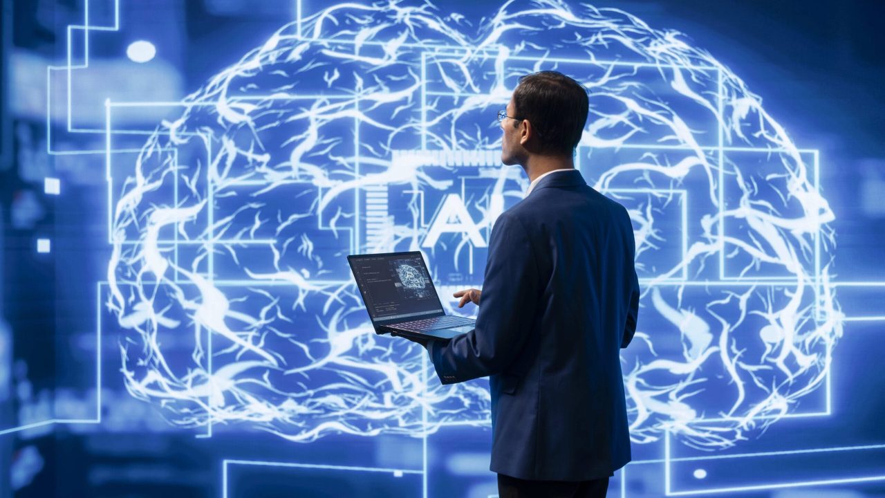 Developer using laptop to implement artificial intelligence parallel processing